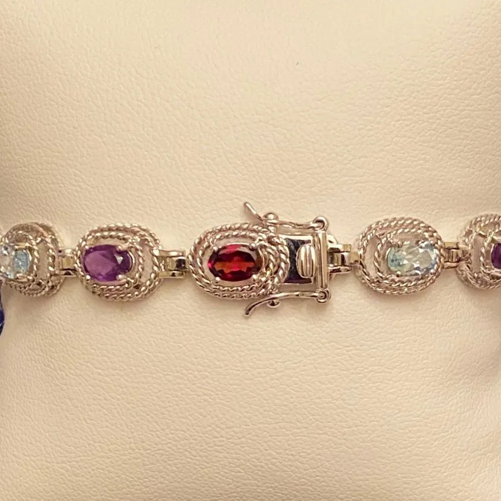Colorful Multi-Gem & Sterling Silver Bracelet, 7" - Picture 9 of 13